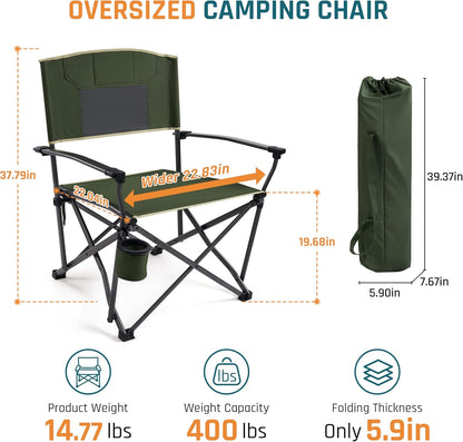 Folding Camping Chairs 2 Pack, Heavy Duty Camping Chairs for Adults Steel Frame Support 400 lbs, Metal Arm Lawn Chairs with Swivel Cup Holder, Hollow Backrest Camp Chair, Outdoor Sports Chairs, Green