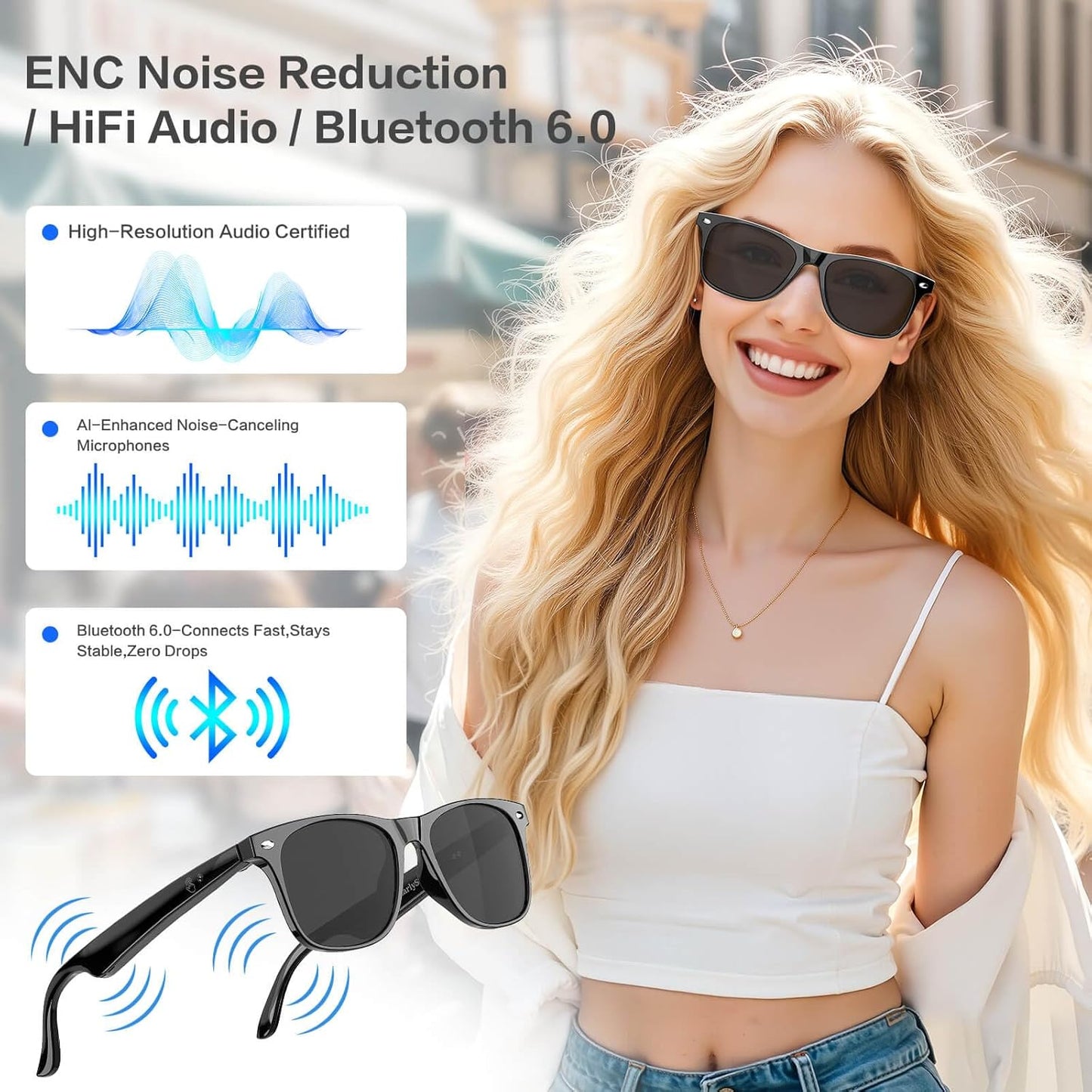 2025 Bluetooth Smart Glasses for Men Women with 163 Language Translation,7 Day Ultra-Long Standby,UV Protection,IP65 Waterproof,Wireless Music & Calls,Multifunctional Sunglasses for Android iOS