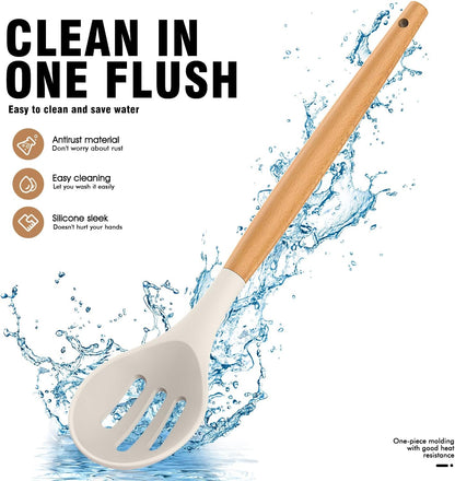 Silicone Cooking Utensils Set - Silicone Kitchen Utensils for Cooking Wooden Handles, 446°F Heat Resistant Kitchen Utensil Spatula Sets w Holder, Gadgets for Non-Stick Cookware BPA Free (Black)