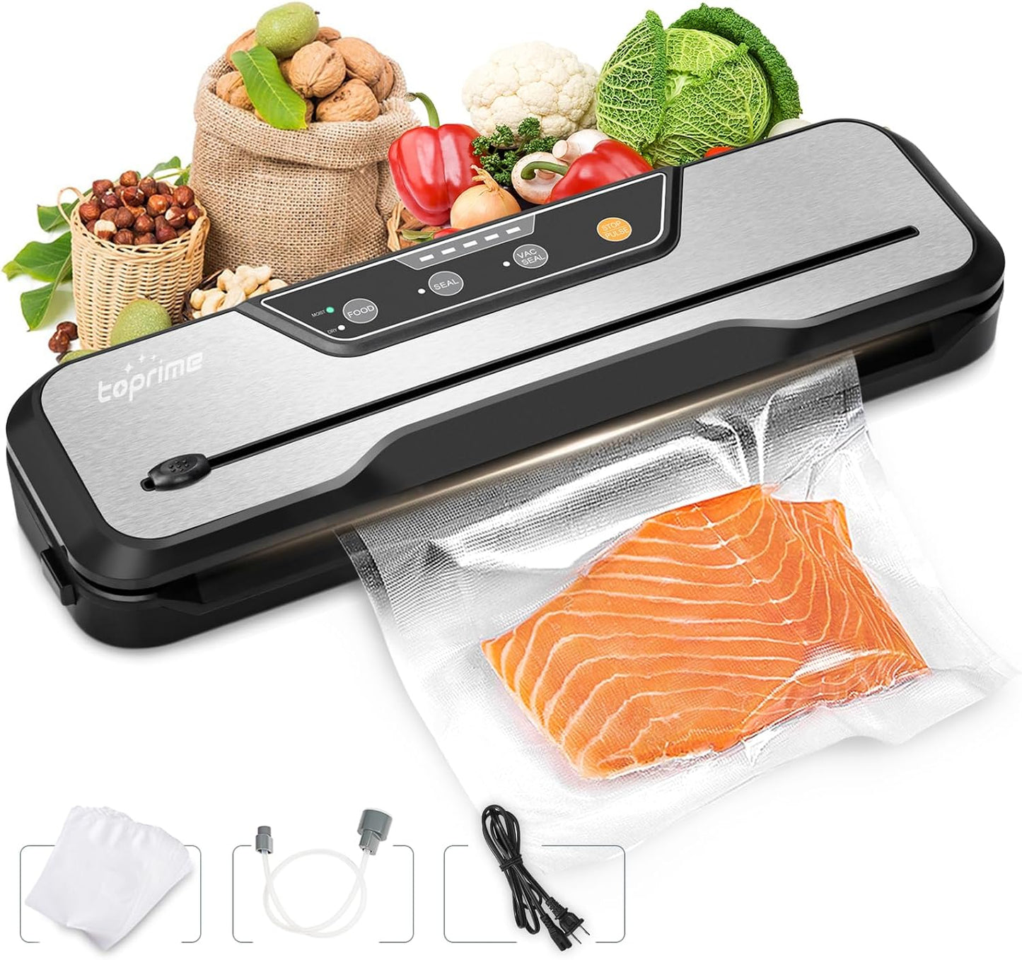 Toprime Automatic Vacuum Sealer Machine, 80kPa Powerful Food Sealer Built-in Cutter with Sealing Bag and Hose, Vacuum Air Sealing System for Seal a Meal and Sous Vide