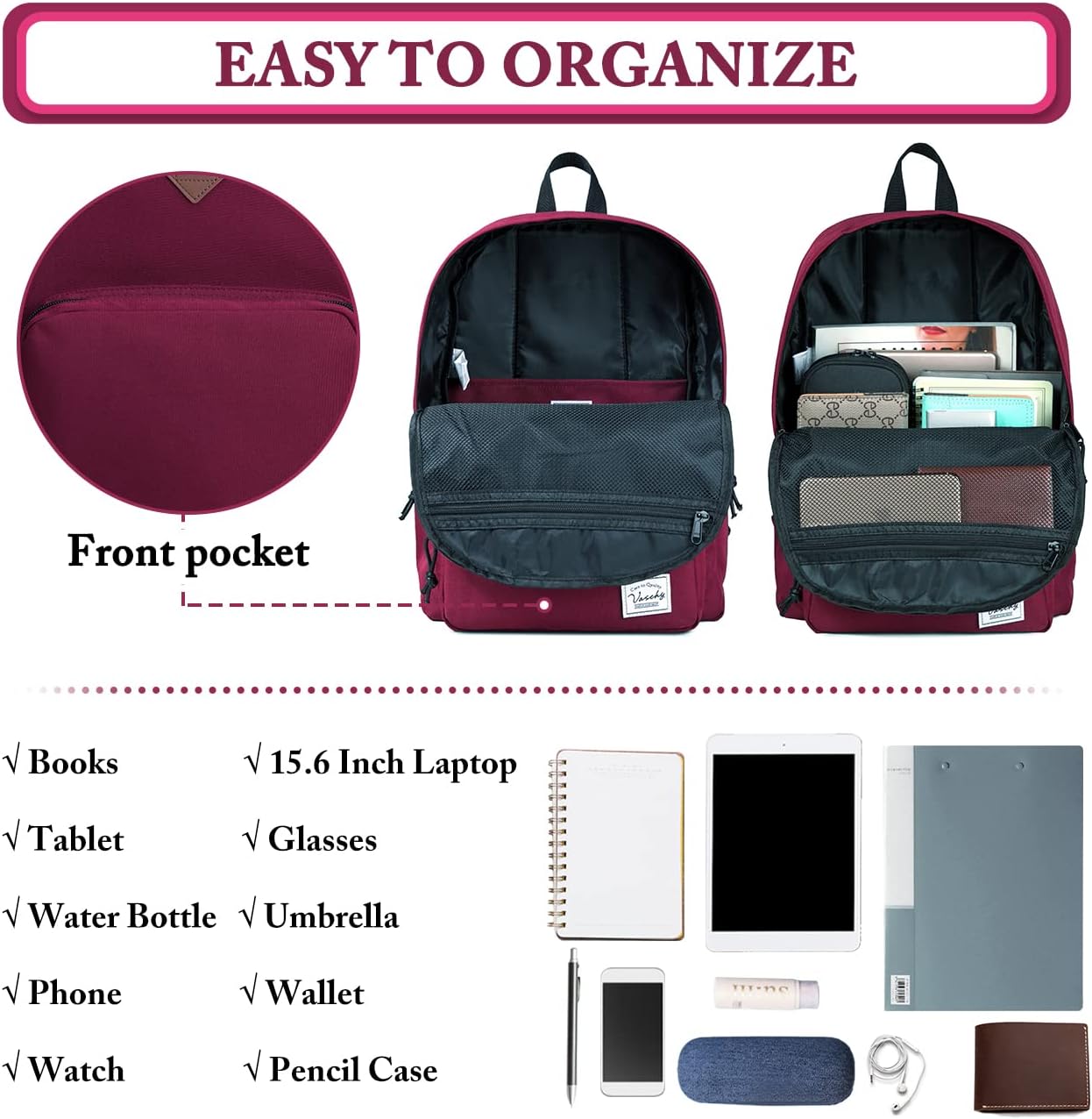 VASCHY Lightweight School Backpack for Women with Sleeve for 14" Laptop