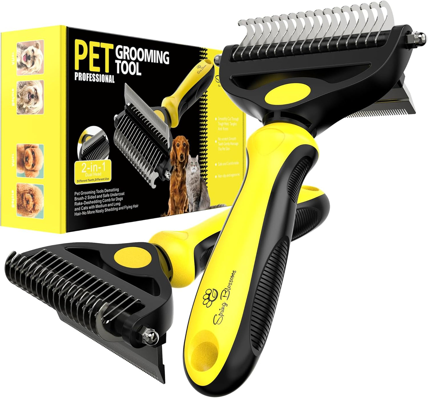 Spring Blossoms-2 in 1 Professional Grooming Rake for Cats & Dogs-Dematting Comb for Easy Mats & Tangles Removing,Pet Brush Safe No More Nasty Shedding and Flying Hair (Orange)
