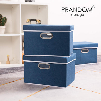 PRANDOM Large Foldable Storage Bin with Lid [1-Pack] Linen Fabric Decorative Storage Box Organizer Containers Basket Cube with Handles Divider for Bedroom Closet Office Living Room (17.7x11.8x11.8")