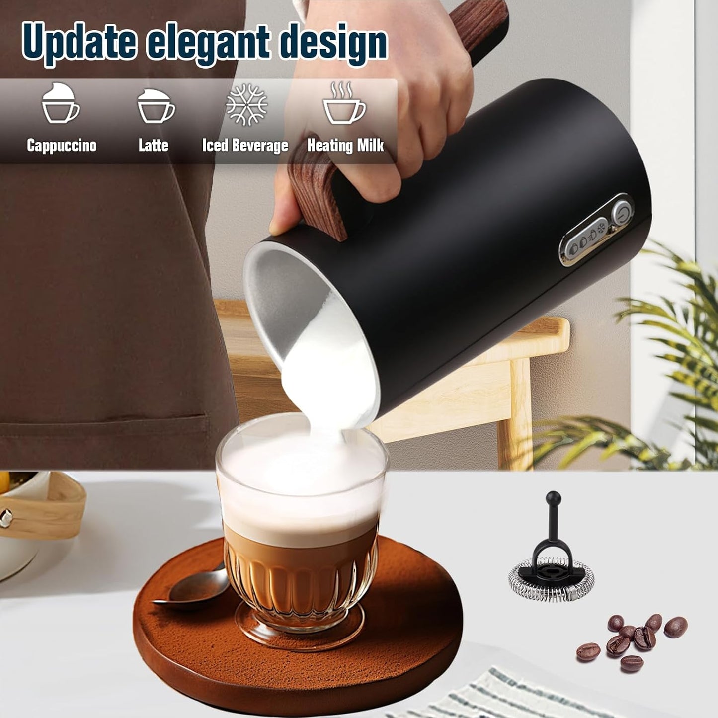 Electric Milk Frother and Steamer, 4-in-1 Milk Steamer with Wood Elements Design, Automatic Hot & Cold Foam Maker for Latte, Cappuccinos, Macchiato, Milk Warmer (Black)