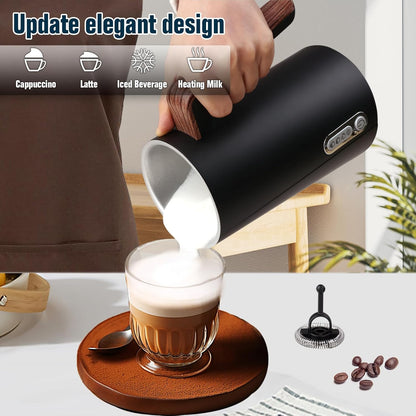 Electric Milk Frother and Steamer, 4-in-1 Milk Steamer with Wood Elements Design, Automatic Hot & Cold Foam Maker for Latte, Cappuccinos, Macchiato, Milk Warmer (Black)