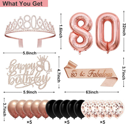 40th Birthday Decorations for Women,32pcs 40th Birthday Party Decorations,Including Backdrop, Crown,Sash,banner, Hanging Swirl,Cake Topper,balloons,Paper Fans,Anniversary Card and paper fans