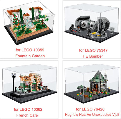 Thickened Clear Acrylic Display Case for Lego 10330 43268 76450 42170 10295 10353 Collectibles, Transparent Box Dustproof Protection with Wood-Plastic Base & String Light, Black Inside 40x20x20cm