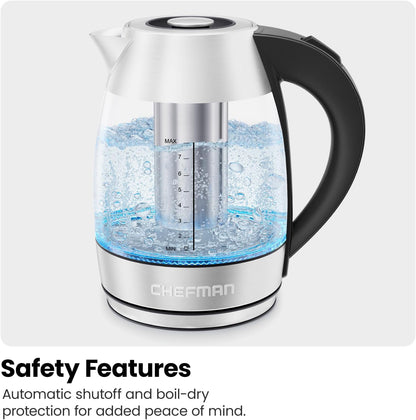 Chefman Electric Kettle for Boiling Water, 1.8L 1500W, Removable Tea Infuser, Auto Shut Off, Boil-Dry Protection, BPA Free, Borosilicate Glass, Hot Water Boiler, Electric Tea Kettle - Stainless Steel