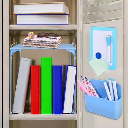 Blue Locker Organizer Kit -15Pcs Back to School Supplies Locker Accessories Kits Includes Shelf, Locker Mirror, Magnetic Whiteboard, Whiteboard Eraser, Pen Holder, Marker, Round Magnet, Flower Magnet