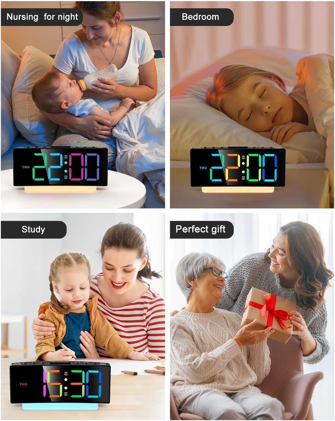 YUNJAYI Kids Alarm Clock for Bedroom, Dynamic RGB LED Digital Clock Large Display with 7 Color Night Lights, Dual Alarm Clocks Bedside, Snooze, 4 Levels Brightness, 3 Volume, 12/24H, Power-Off Memory