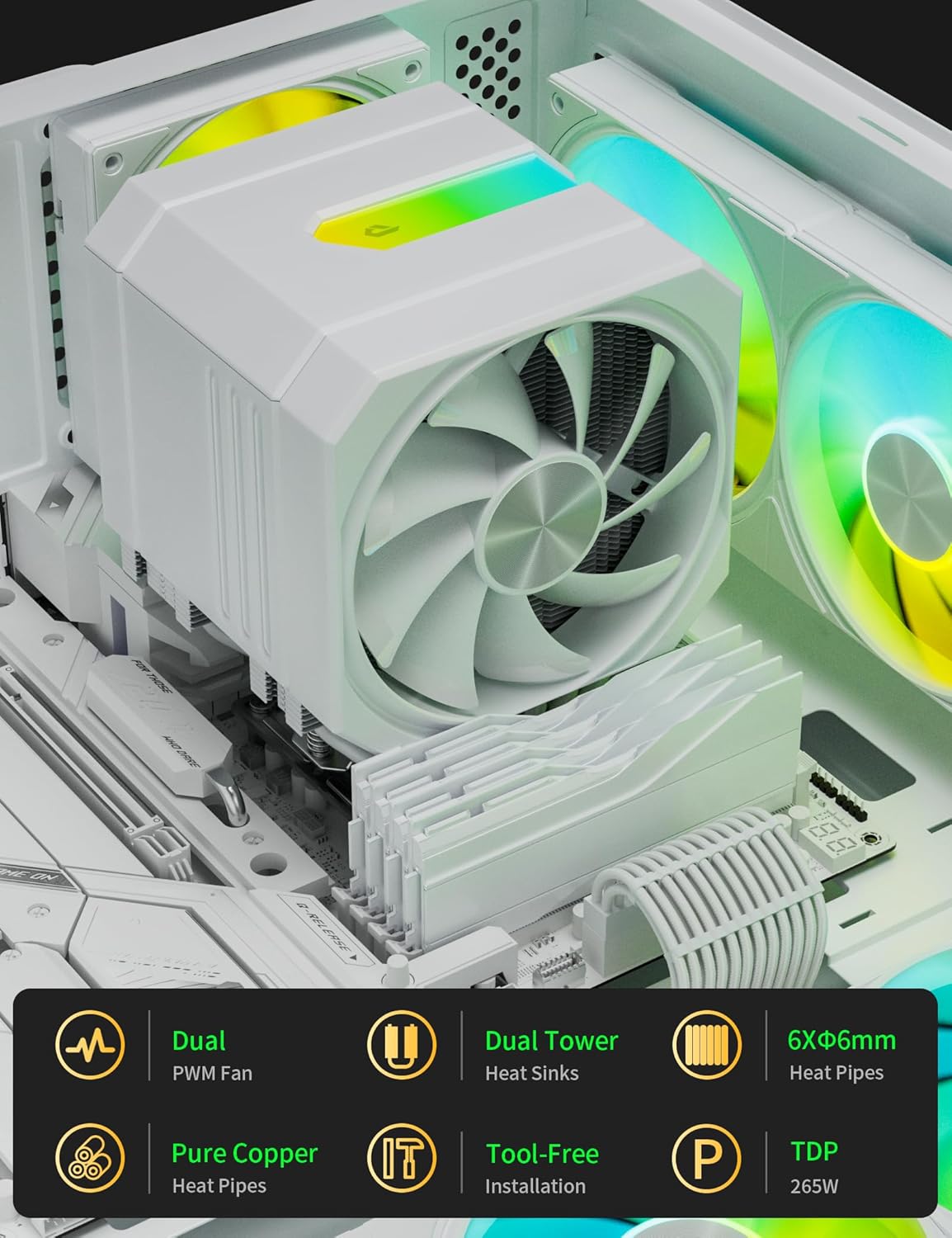 upHere White Dual-Tower 5V ARGB CPU Air Cooler, 6×Ф6mm Heatpipes,Dual PWM Fan Computer Cooling,TDP 265W, Intel LGA2066/2011/1700/1851/1200/115X; AMD AM4/AM5 (158mm in Height) up2TC6