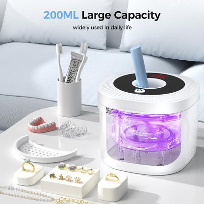 Ultrasonic Retainer Cleaner, Upgraded 48kHz Dental Cleaner Machine for Braces, Mouth Guard Cleaner, Toothbrush Heads, Jewelry, 4 Modes Retainer Cleaner with 200ML Capacity (White)