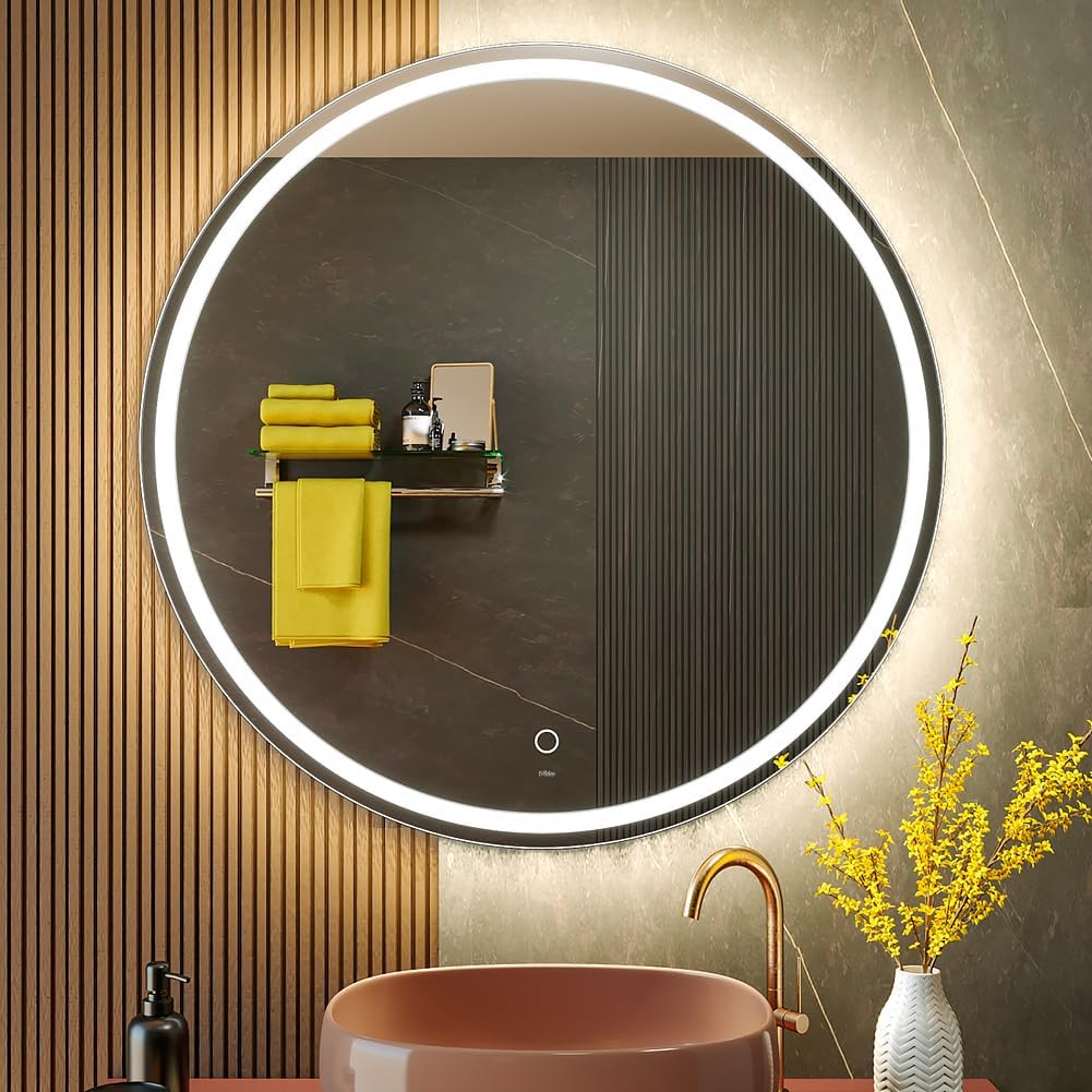 KWW Round Mirror Bathroom LED Lighted Mirror, Illuminated Dimmable Anti-Fog Wall-Mounted Makeup Vanity Mirror with Lights (24L x 24W inches)
