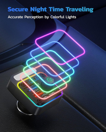 Nulaxy 54W [PD 36W & QC3.0 18W] Bluetooth 5.3 Car Adapter with 4 Charging Ports, Wireless Radio FM Transmitter Audio Receiver with Deep Bass MP3 Music Player, 5 Colors LED Backlit, Hands-Free Calling