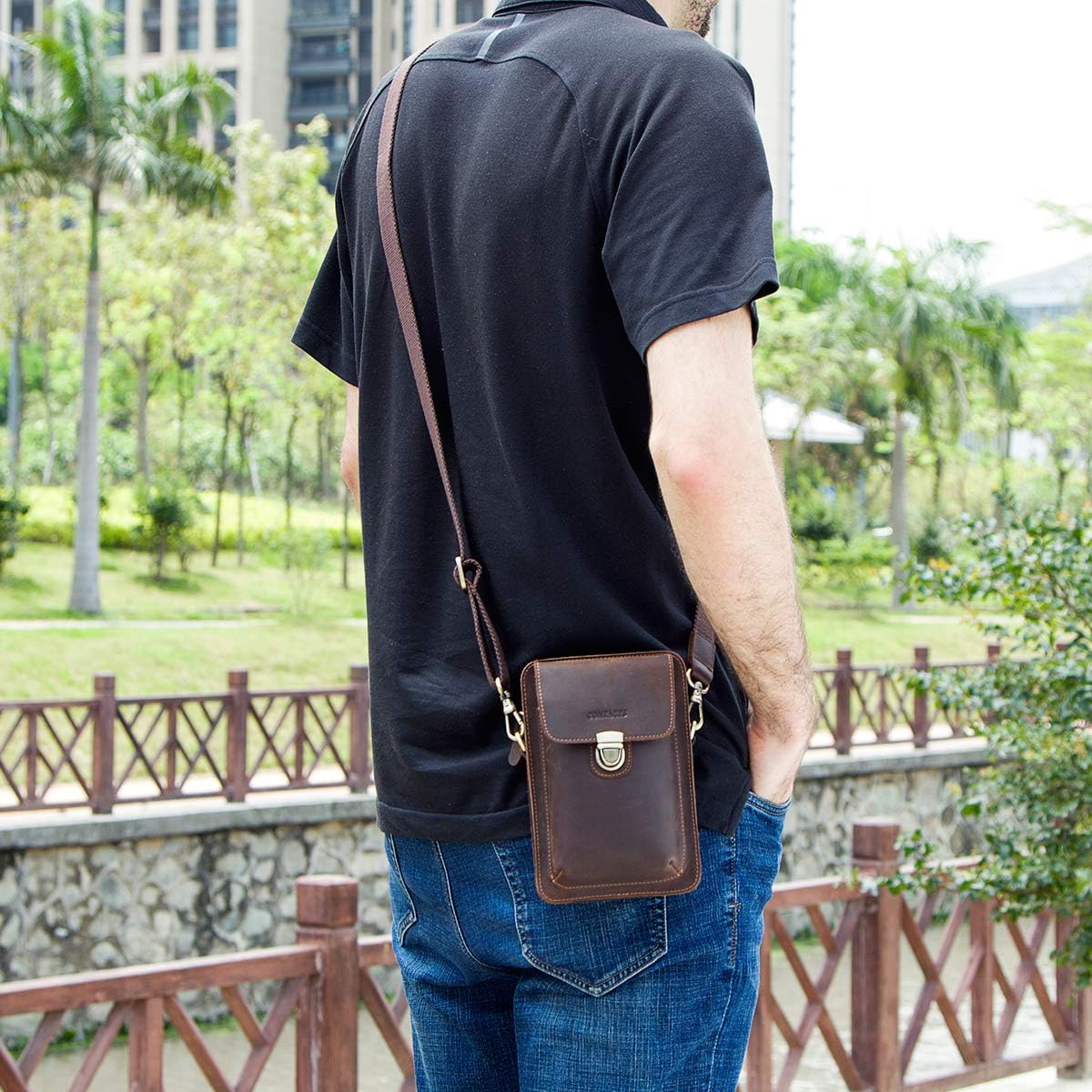 Contacts Men Waist Pack Small Shoulder Bag Pouch Purse Genuine Leather Vintage Travel Cell Phone Bag with Card Holder