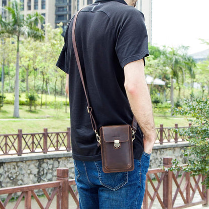 Contacts Men Waist Pack Small Shoulder Bag Pouch Purse Genuine Leather Vintage Travel Cell Phone Bag with Card Holder