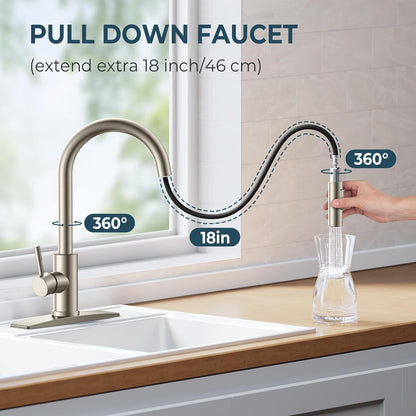 FORIOUS Kitchen Faucet with Pull Down Sprayer, Stainless Steel Single Handle Classic Sink Faucet 1 Or 3 Hole, Dual Function Faucet for Farmhouse, Camper, Laundry, Rv, Bar, Mattle Black