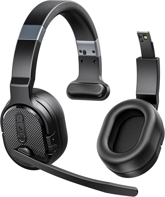 Trucker Bluetooth Headset, Wireless Headsets with Noise Cancelling Microphone, 40+Hrs HD Talktime Bluetooth Headphones with Detachable Earpad/Single+Dual Mode for Office/Driving/Home