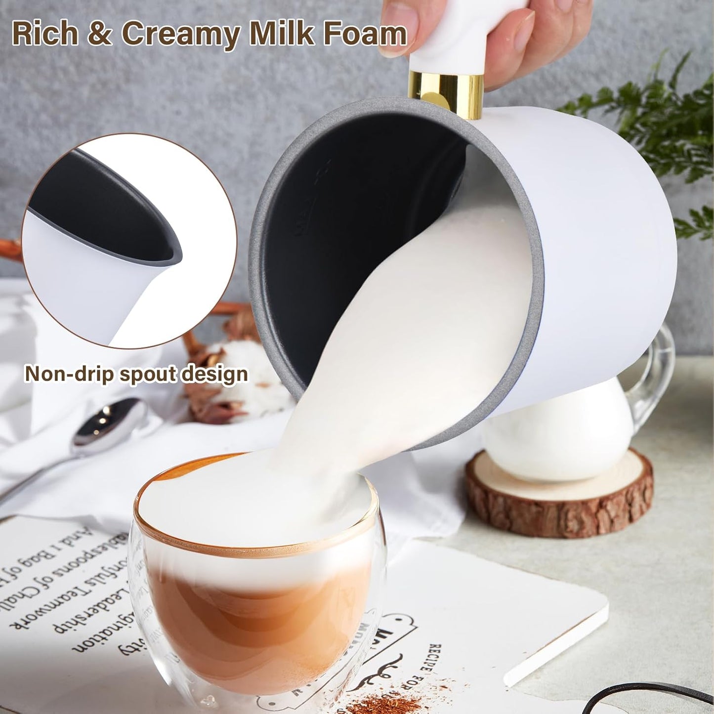 Milk Frother and Steamer - 4 in 1 Milk Frother Electric, 13.5oz Split Hot & Cold Milk Foam Maker Stainless Steel Automatic Milk Warmer for Latte, Cappuccino, Macchiato, Hot Chocolate