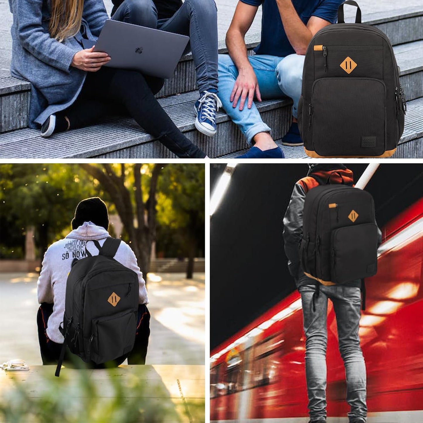 KEOFID classic carry-on travel backpack for men and women, Anti theft laptop backpack with USB charging port, large backpack for college(dark black）