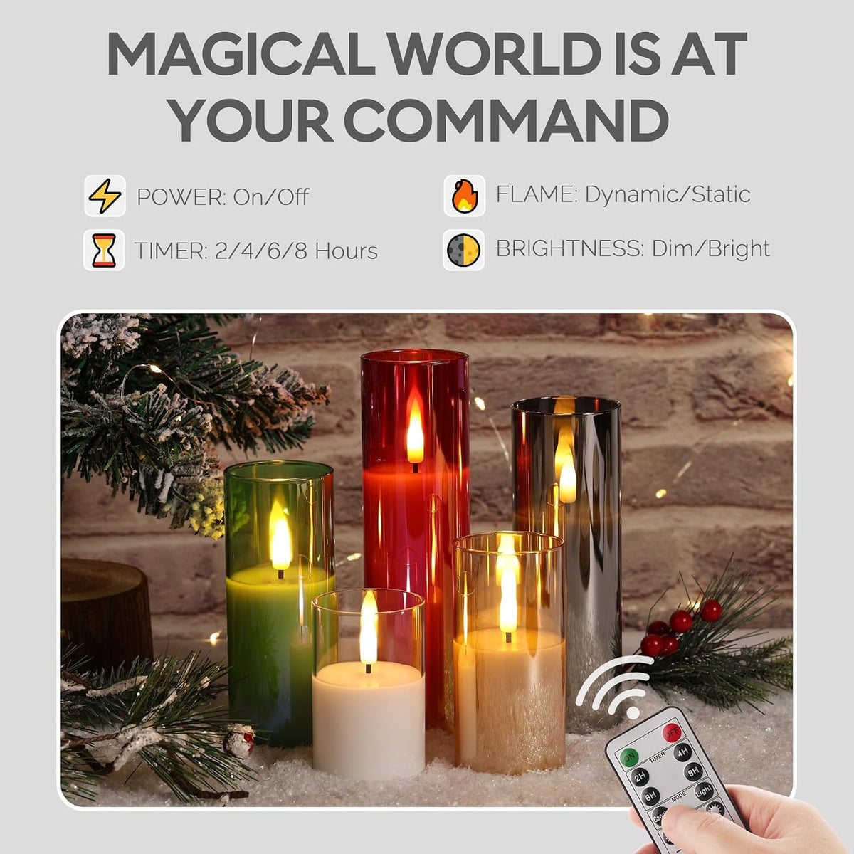 Eywamage Slim Tall Grey Glass Flameless Candles with Remote, Batteries Included, Flickering LED Pillar Votive Candles Set of 5