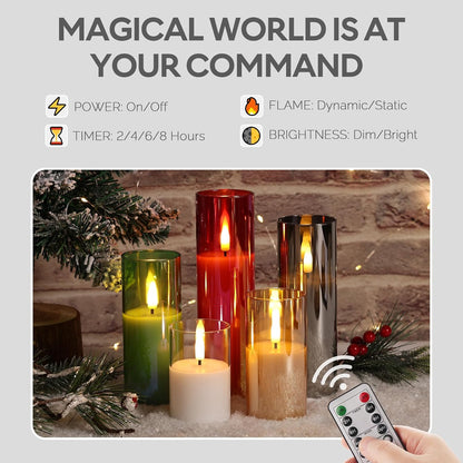 Eywamage Slim Tall Grey Glass Flameless Candles with Remote, Batteries Included, Flickering LED Pillar Votive Candles Set of 5