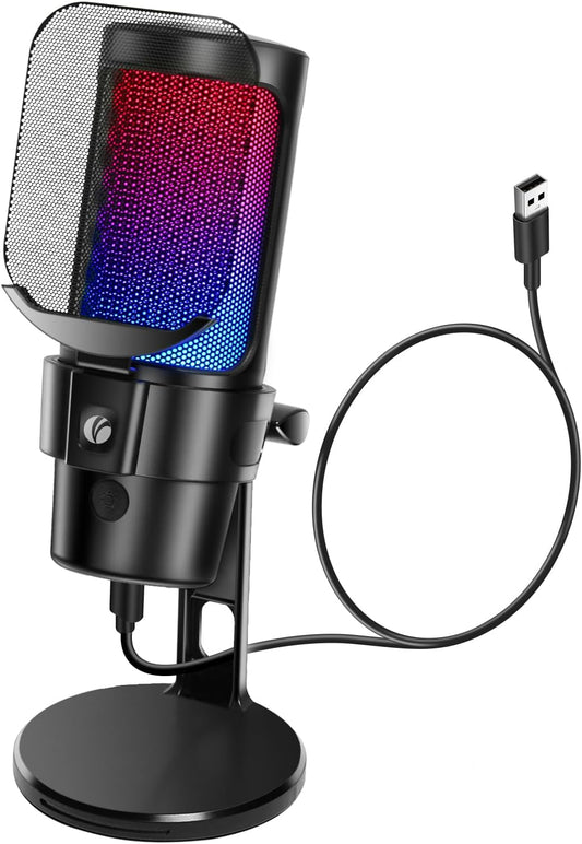 VCOM Gaming Microphone USB PC Mic for Streaming, Podcasts, Videos – Condenser Desktop Microphone with RGB Lights, Quick Mute, Shock Mount, Pop Filter, Volume Control – Compatible with PS4, PS5, and PC