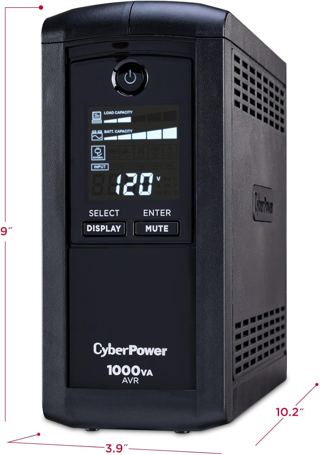 CyberPower CP1500AVRLCD3 Intelligent LCD UPS System, 1500VA/900W, 12 Outlets, 2 USB Ports, AVR, Mini Tower, Black