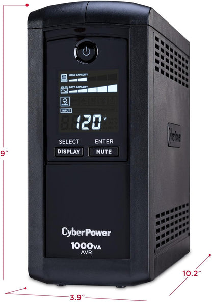 CyberPower CP1500AVRLCD3 Intelligent LCD UPS System, 1500VA/900W, 12 Outlets, 2 USB Ports, AVR, Mini Tower, Black