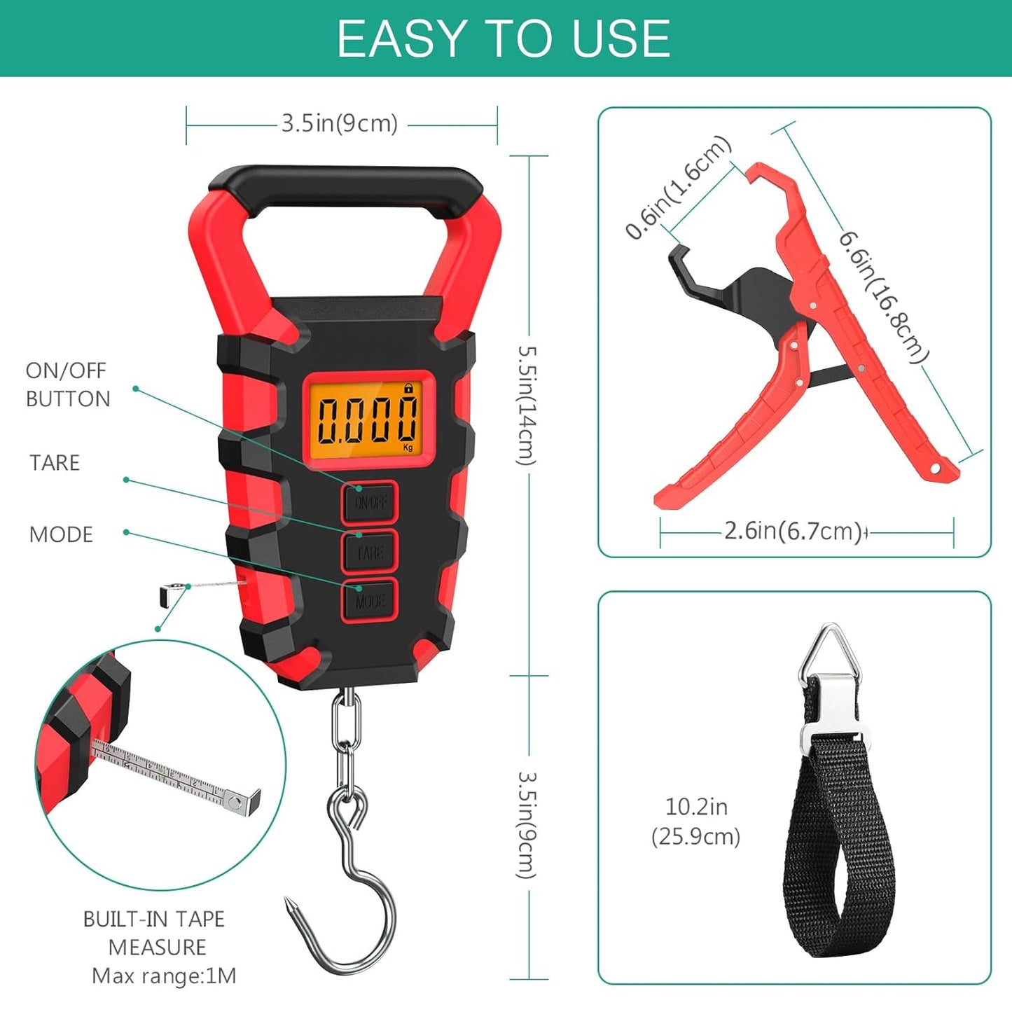 ORIA Fish Scale Digital, Fishing Scale, Fish Scale with Ruler and Fish Gripper, 110lb/50kg Baggage Weighing Scale, Backlit LCD Display (Orange)