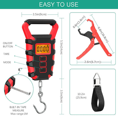 ORIA Fish Scale Digital, Fishing Scale, Fish Scale with Ruler and Fish Gripper, 110lb/50kg Baggage Weighing Scale, Backlit LCD Display (Orange)