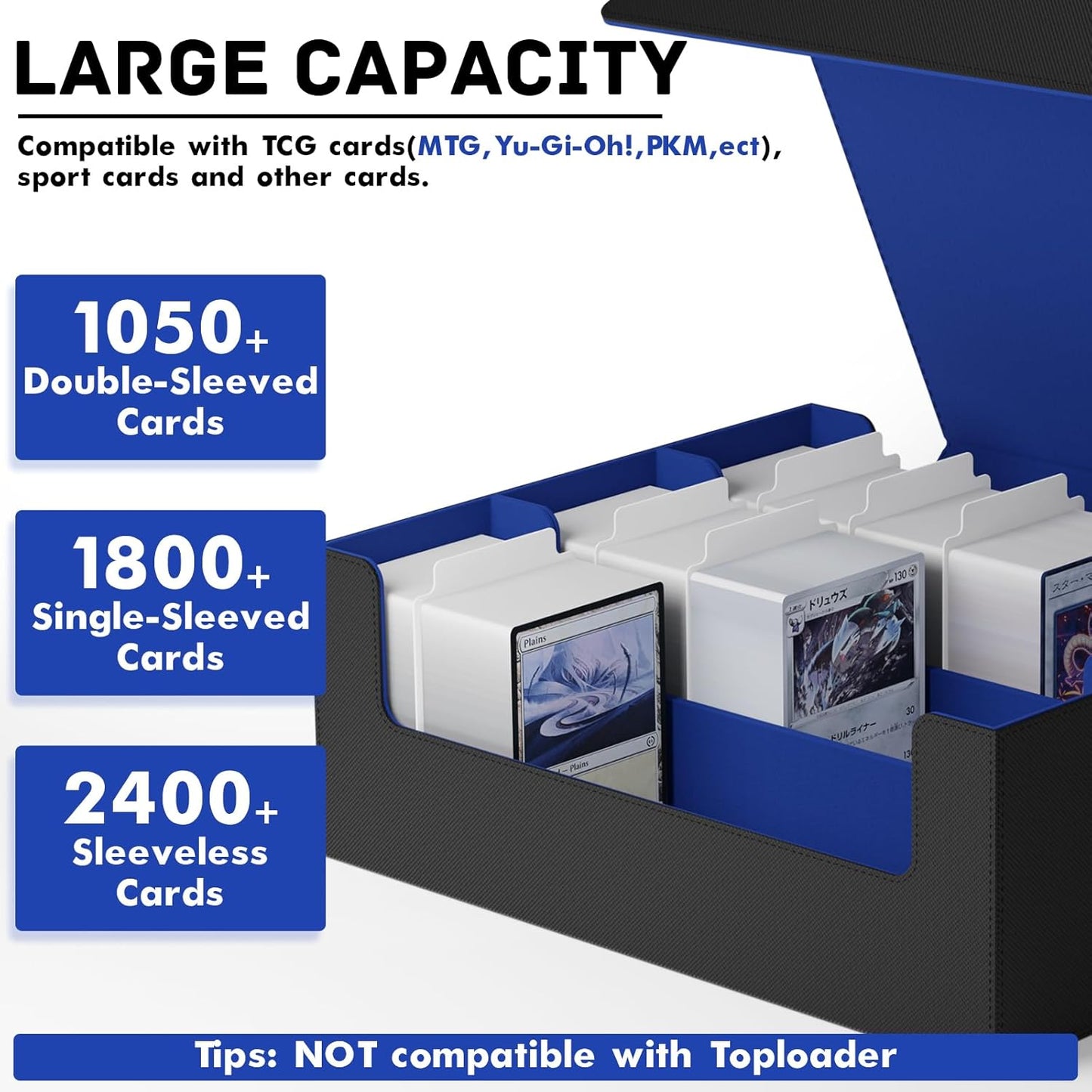 ZLCA Card Storage Box for MTG PTCG, Commander Deck Box Holds 3000+ Cards, Card Storage Case with 4 Stoppers, Card Organizer for TCG Sport Cards (Black)