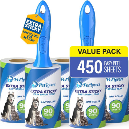 PetLovers Extra Sticky Lint Roller Mega Value Set for Pet Hair Removal, Dog and Cat Lint Remover (1 Pack Reusable)