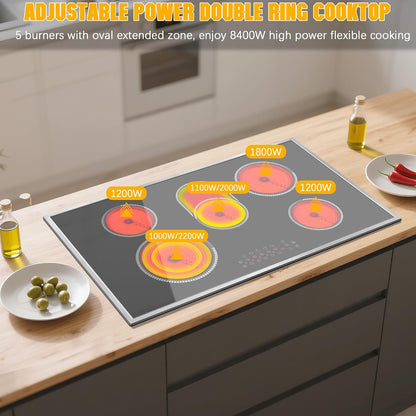 Electric Cooktop 36 Inch, 5 Burners Electric Stove Top Touch Control, 8400W Built-in Ceramic Stovetop 36" with Expandable Zone, Child Lock, Timer, Pause Control, 220-240v Hardwired (No Plug)