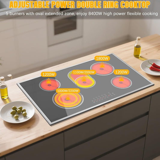Electric Cooktop 36 Inch, 5 Burners Electric Stove Top Touch Control, 8400W Built-in Ceramic Stovetop 36" with Expandable Zone, Child Lock, Timer, Pause Control, 220-240v Hardwired (No Plug)