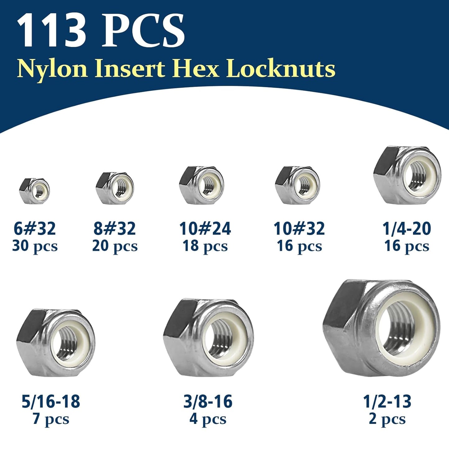 Vifmy 110 Pack 1/4"-20 Inch Lock Nuts,304 (A2-70) Stainless Steel Nylon Insert Locknuts,Standard Inch Thread Nylock Nuts for Bolts