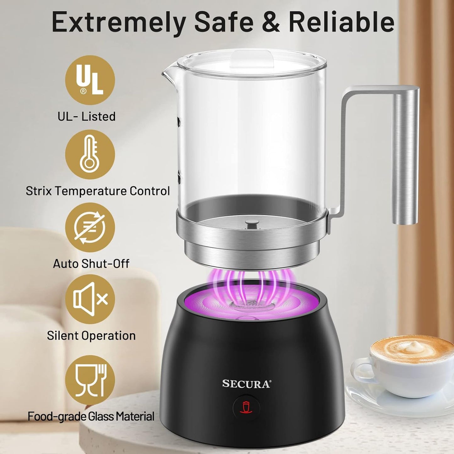 Secura Detachable Milk Frother and Steamer, 17oz Electric Milk Warmer 4-in-1 Hot/Cold Foam Maker for Latte, Cappuccinos, Macchiato, Hot Chocolate