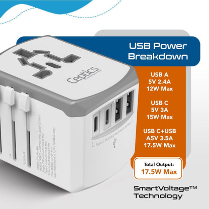 Ceptics Universal Travel Adapter kit, Dual USB (QC 3.0) + 2 US outlets + USB-C Cable, Use with Chargers, Cell Phones, Laptops, 6 Plug attachments for Worldwide use (Does Not Convert Voltage) (WPS-2B)