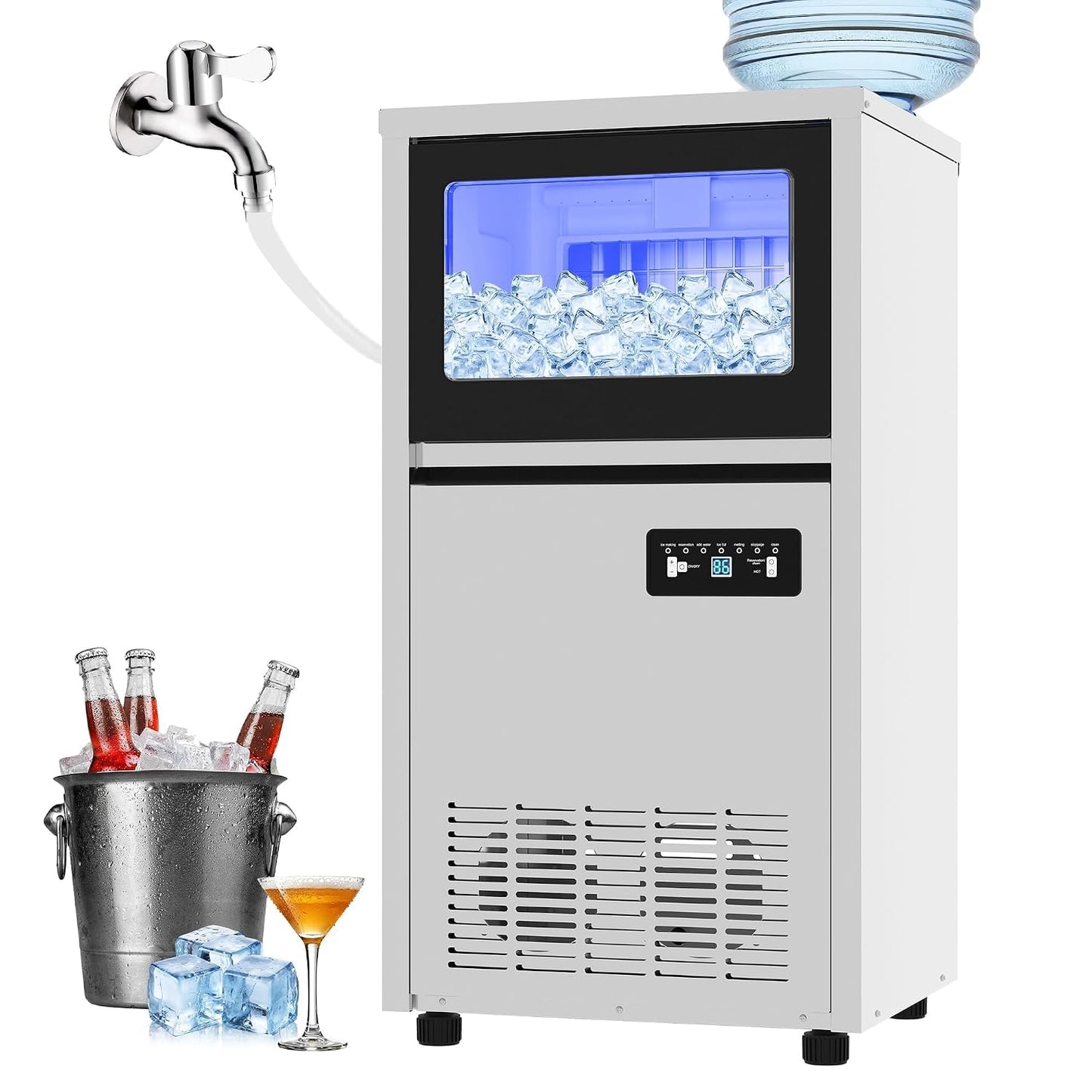 Commercial Ice Maker, 120Lbs Daily Output Ice Machine | 36 Lbs Storage Bin, Dual Water Inlet, One‑Touch Self‑Cleaning, LCD Control Panel, For Bar Cafe Restaurant