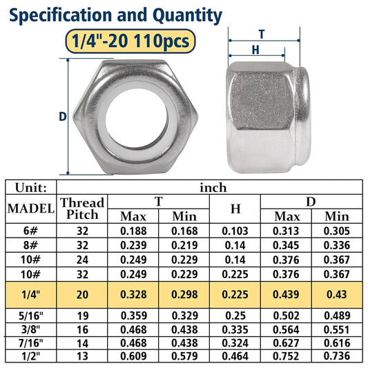 Vifmy 110 Pack 1/4"-20 Inch Lock Nuts,304 (A2-70) Stainless Steel Nylon Insert Locknuts,Standard Inch Thread Nylock Nuts for Bolts - PuriLite