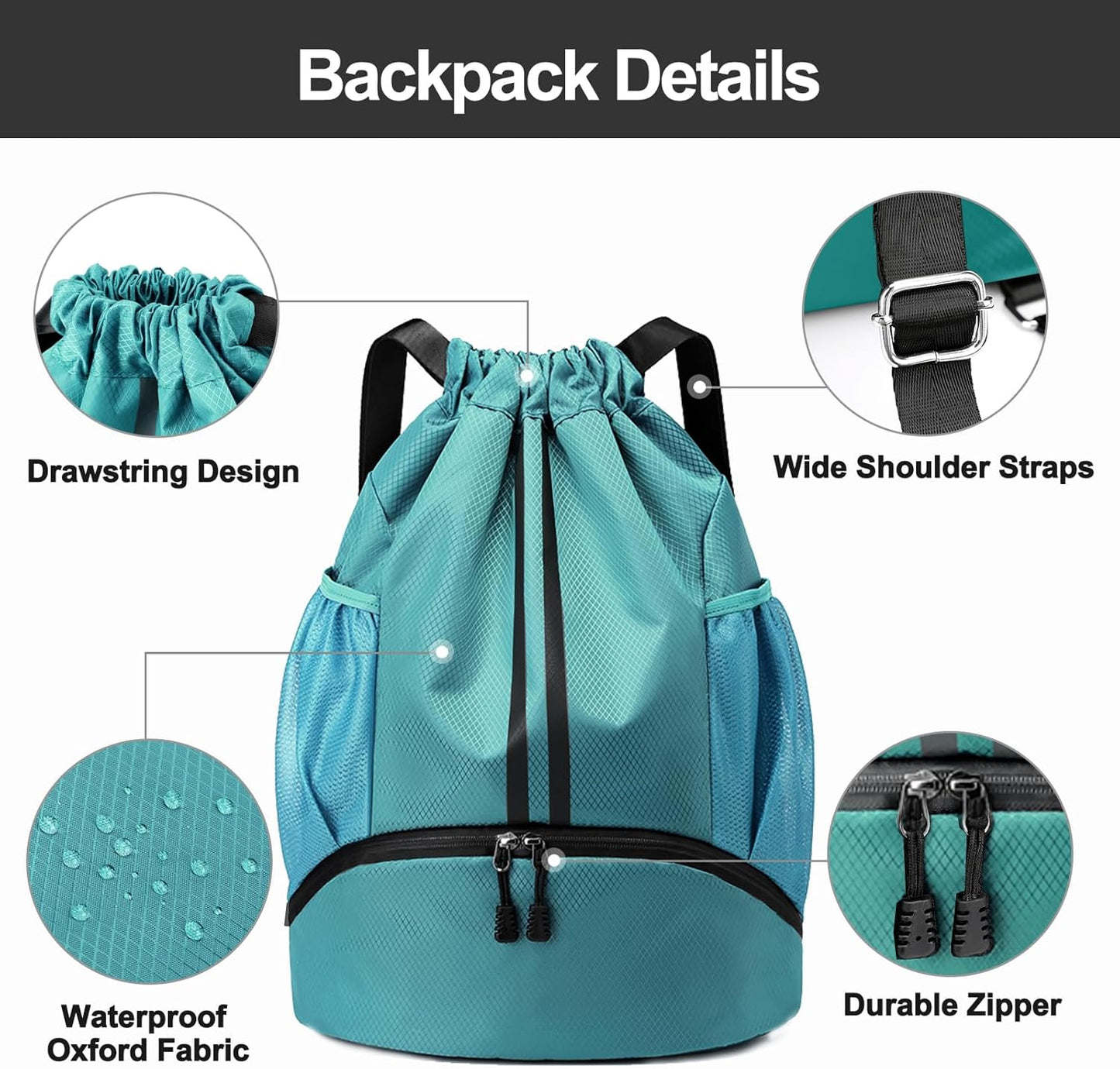 Hoedia Sports Drawstring Backpack - String Swim Gym Bag with Shoes Compartment and Wet Proof Pocket for Women/Men