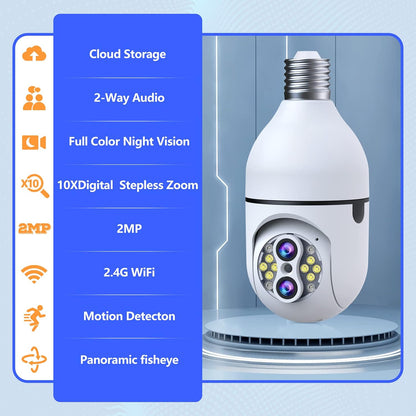 2Pack Light Bulb Security Camera, Dual Lens 10X Zoom 360° PTZ Outdoor Camera 2.4G Wi-Fi Color Night Vision Surveillance Camera with Two-Way Talk, Motion Tracking, Cloud Storage for Home Security