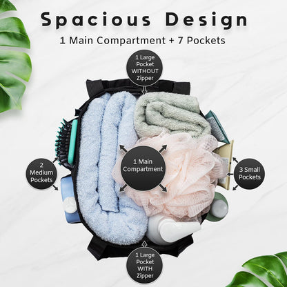 Mesh Shower Caddy Portable 10.2x9.9'' Shower Bag with Zipper & 2 Pockets. Shower Tote Ideal for Gym, Travel, Camp, Beach, for Sunscreen, Dorm & College Essentials (Black)