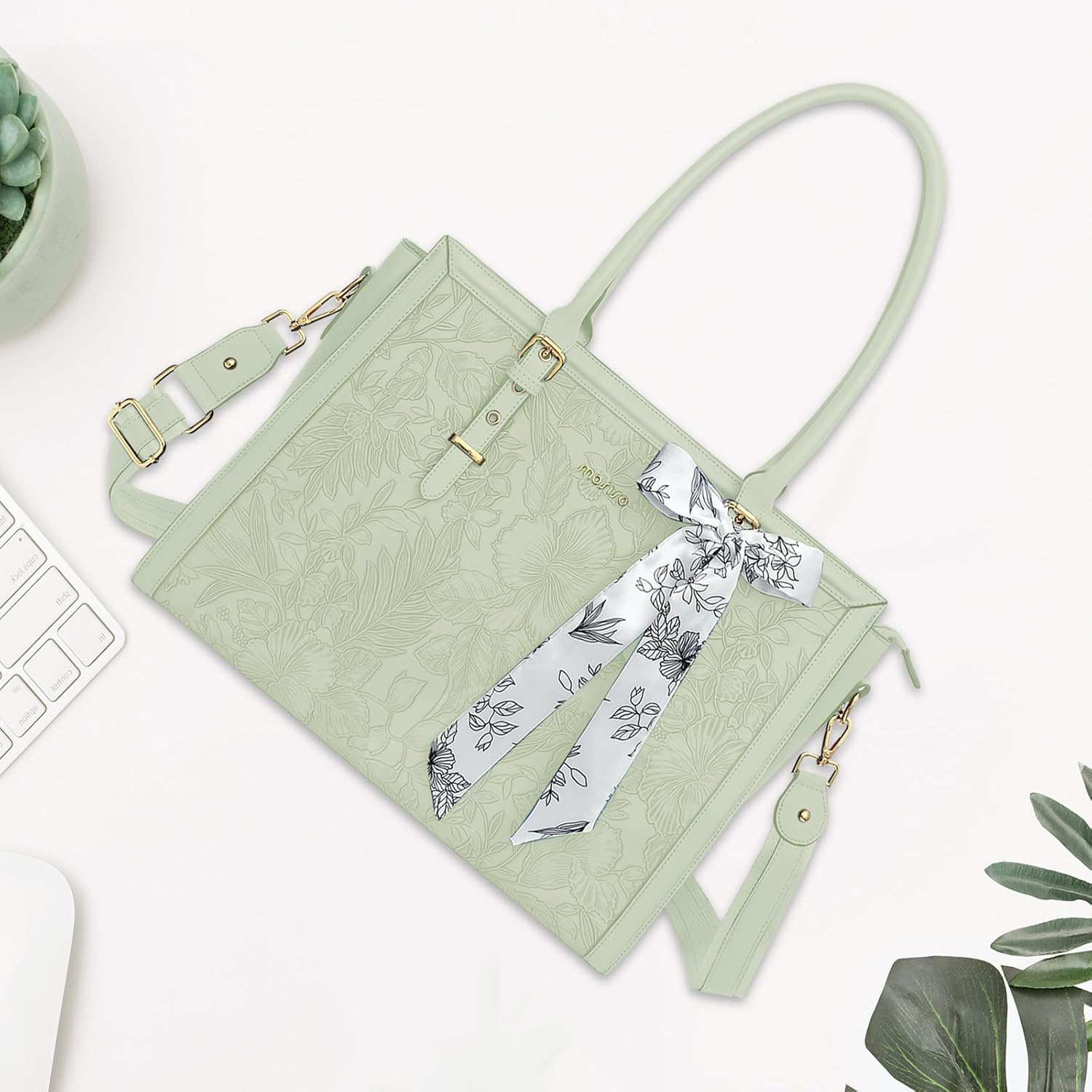 MOSISO Laptop Bag for Women, 17-17.3 inch PU Leathe Tote Bag Compatible with MacBook, HP, Dell, Asus Notebook, Front Embossed Retro Hibiscus Computer Bag with Silk Scarf&Clutch Purse, Gray - PuriLite