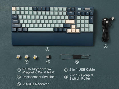 RK ROYAL KLUDGE RK96 RGB Limited Ed, 90% 96 Keys Wireless Triple Mode Bluetooth 5.0/2.4G/USB-C Hot Swappable Mechanical Keyboard w/Software Support & Massive Battery, RK Yellow Switch, Forest Blue