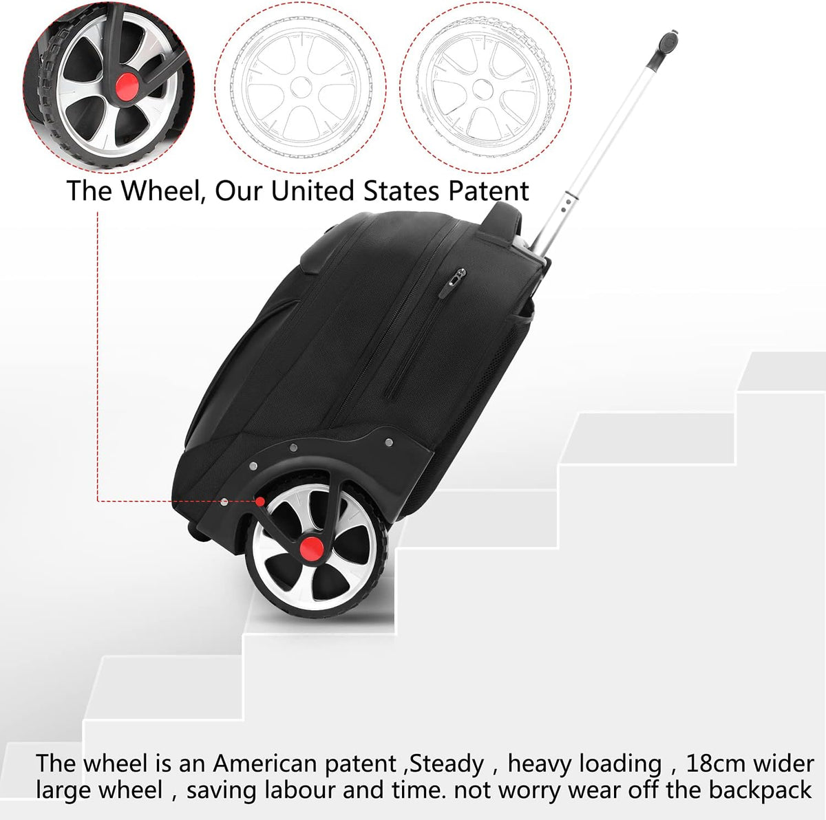 YH&GS Rolling, Waterproof Wheeled Backpack for Business, College, Travel; 52L, Fits 17 Inch Laptop; Patented 7-Inch Wide Wheel; Black
