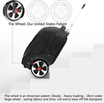 YH&GS Rolling, Waterproof Wheeled Backpack for Business, College, Travel; 52L, Fits 17 Inch Laptop; Patented 7-Inch Wide Wheel; Black
