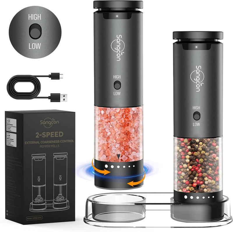 Sangcon 2-Speed Rechargeable Electric Salt and Pepper Grinder Set, 6 External Adjustable Coarseness Levels, Automatic Salt & Pepper Mill Shakers Set with Storage Base, One-Handed Operation, Silver