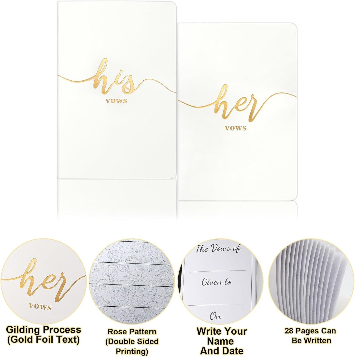 Vekola Vow Books for Wedding His and Hers Elegant Gold Foil Set of 2 Wedding Notebook with 28 Pages (Navy Blue+White)