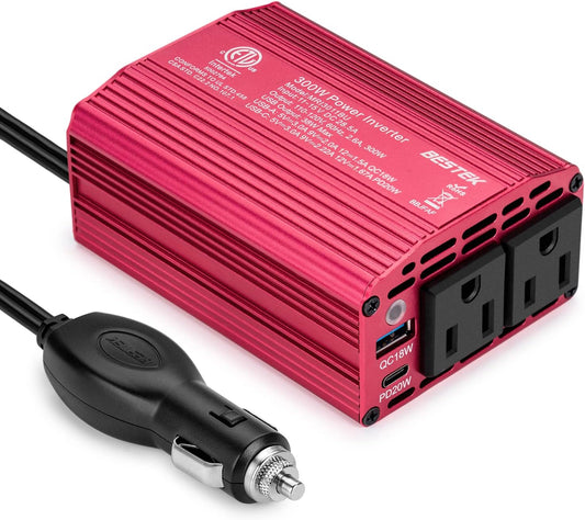 BESTEK 300W Car Power Inverter with 20W PD USB C and QC3.0 Quick Charging, DC 12V to 110V AC Car Plug Adapter Outlet Converter Multi-Protection Car Charger Power Inverter for Laptop Computer